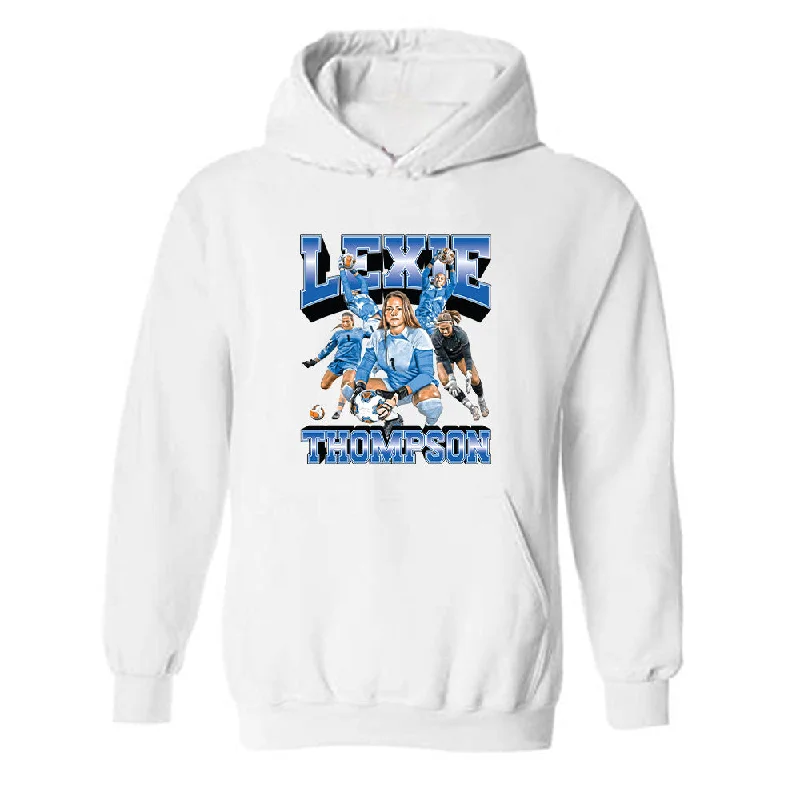 Buffalo - NCAA Women's Soccer : Lexie Thompson - Player Collage Hooded Sweatshirt Hoodie with Stripes Bold Sporty Buffalo - NCAA Women's Soccer : Lexie Thompson - Player Collage Hooded Sweatshirt Hoodie with Stripes Bold Sporty