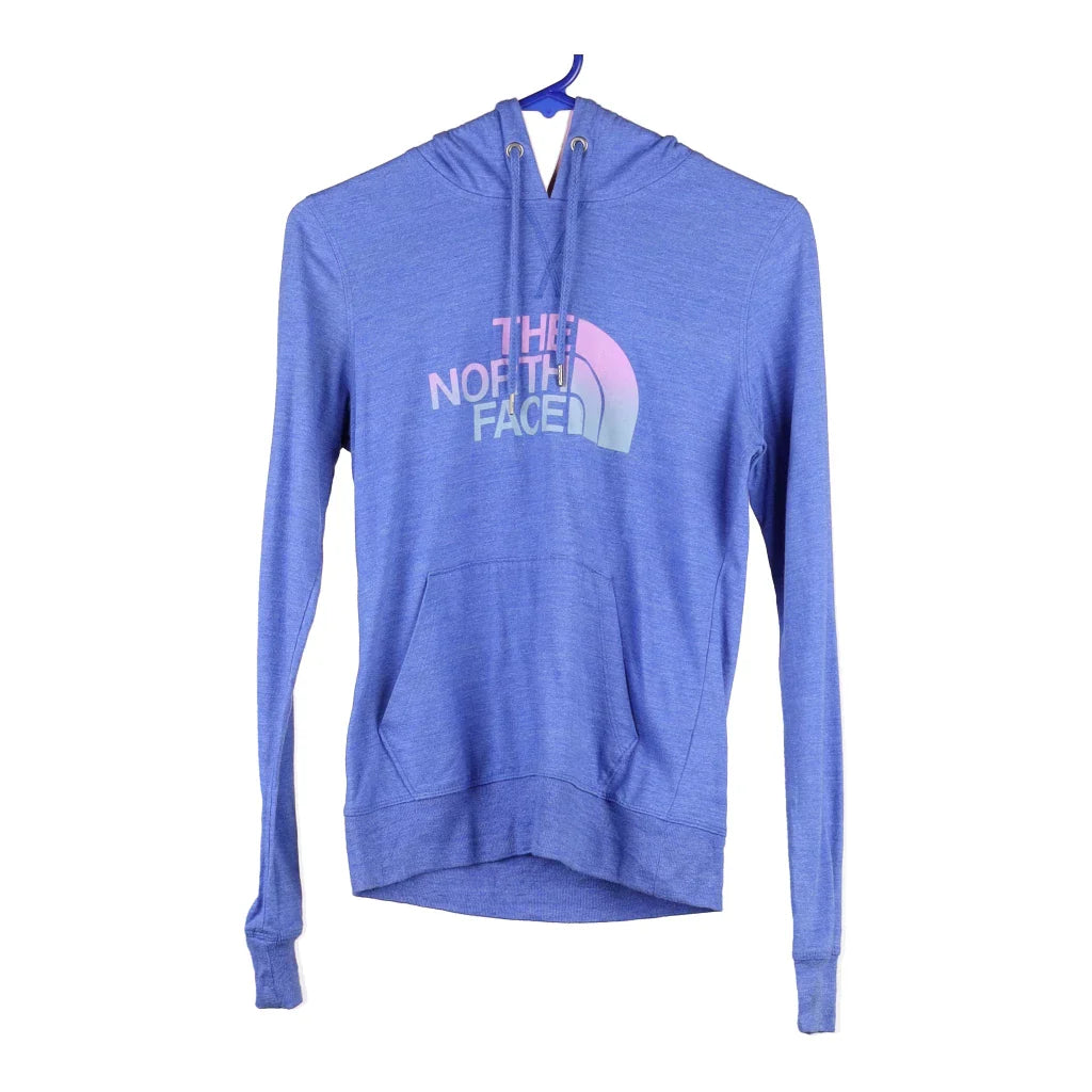 The North Face Spellout Hoodie - Small Blue Cotton Blend Hoodie with Longline Fit Extended Stylish