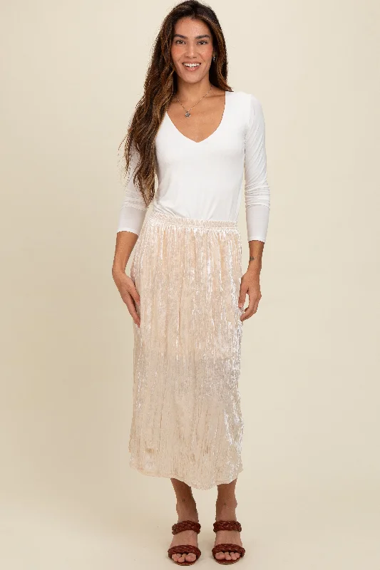 Ivory Velvet Crinkled Midi Skirt cashmere skirt fine