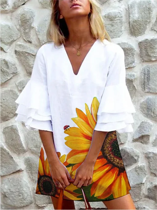 Sunflower Lotus Leaf Sleeve Print Women'S Dress Halter Neckline Beach