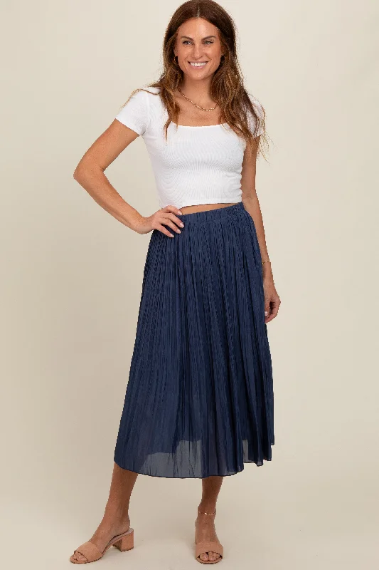 Navy Blue Pleated Midi Skirt linen skirt relaxed