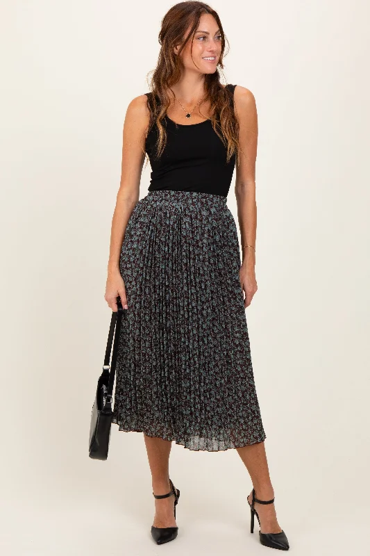Brown Floral Print Chiffon Pleated Midi Skirt wool skirt thick