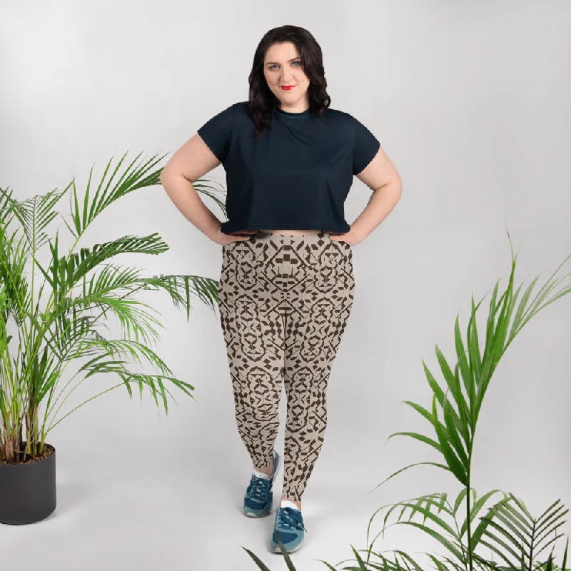 Legging Grande Taille "Motif beige et brun" Elegant Printed Leggings with Pockets