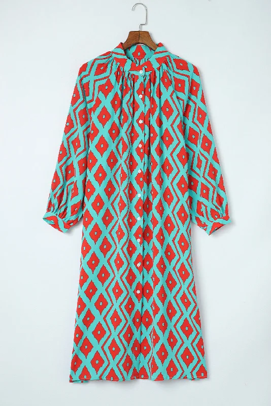 Printed Button-Down Mock Neck Dress Tunics Business professional
