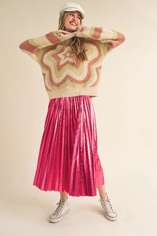 Pink Metallic Pleated Midi Skirt ribbed skirt waist