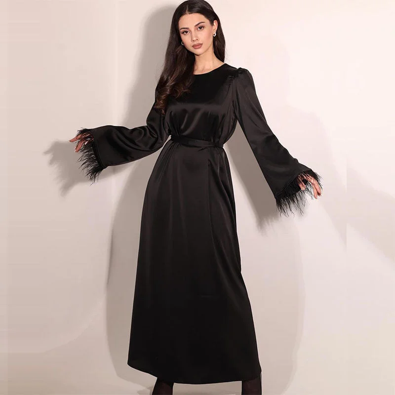 Vireous Round Neck Feather Cuff Elegant Satin Long Dress Tunics Chinos classic