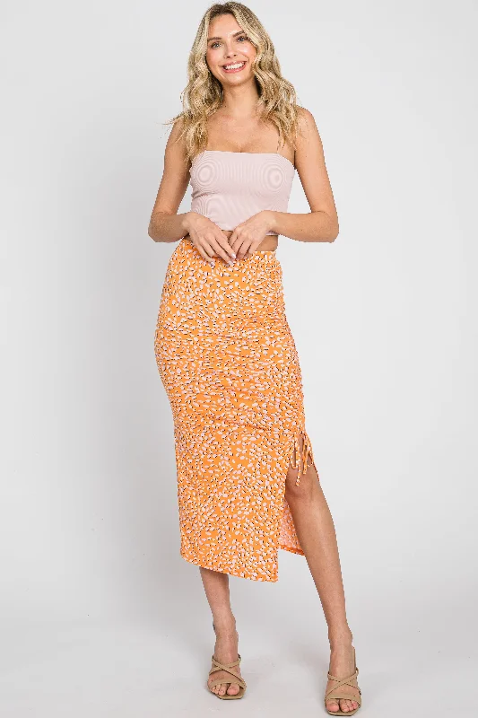 Orange Drawstring Front High Knee Slit Midi Skirt vintage skirt charm