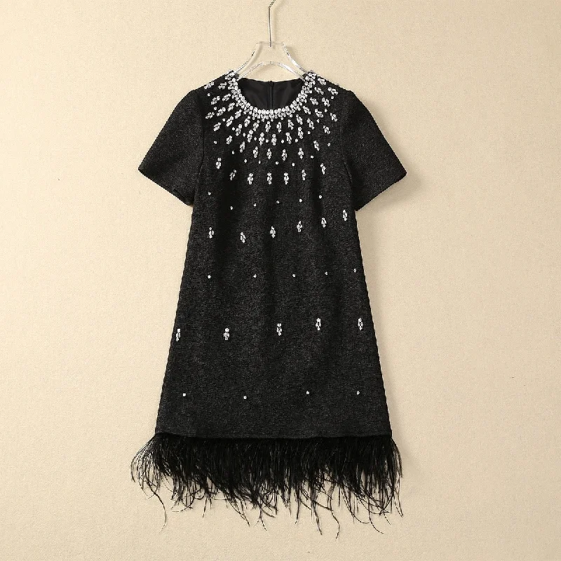 Handmade Glittering Rhinestone Feather Trimmed, Loose Waist Dress Tunics Running lightweight