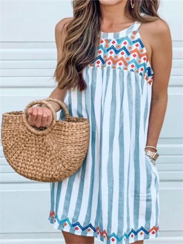 Striped Print Embroidered Women'S Dress Floral Print girly