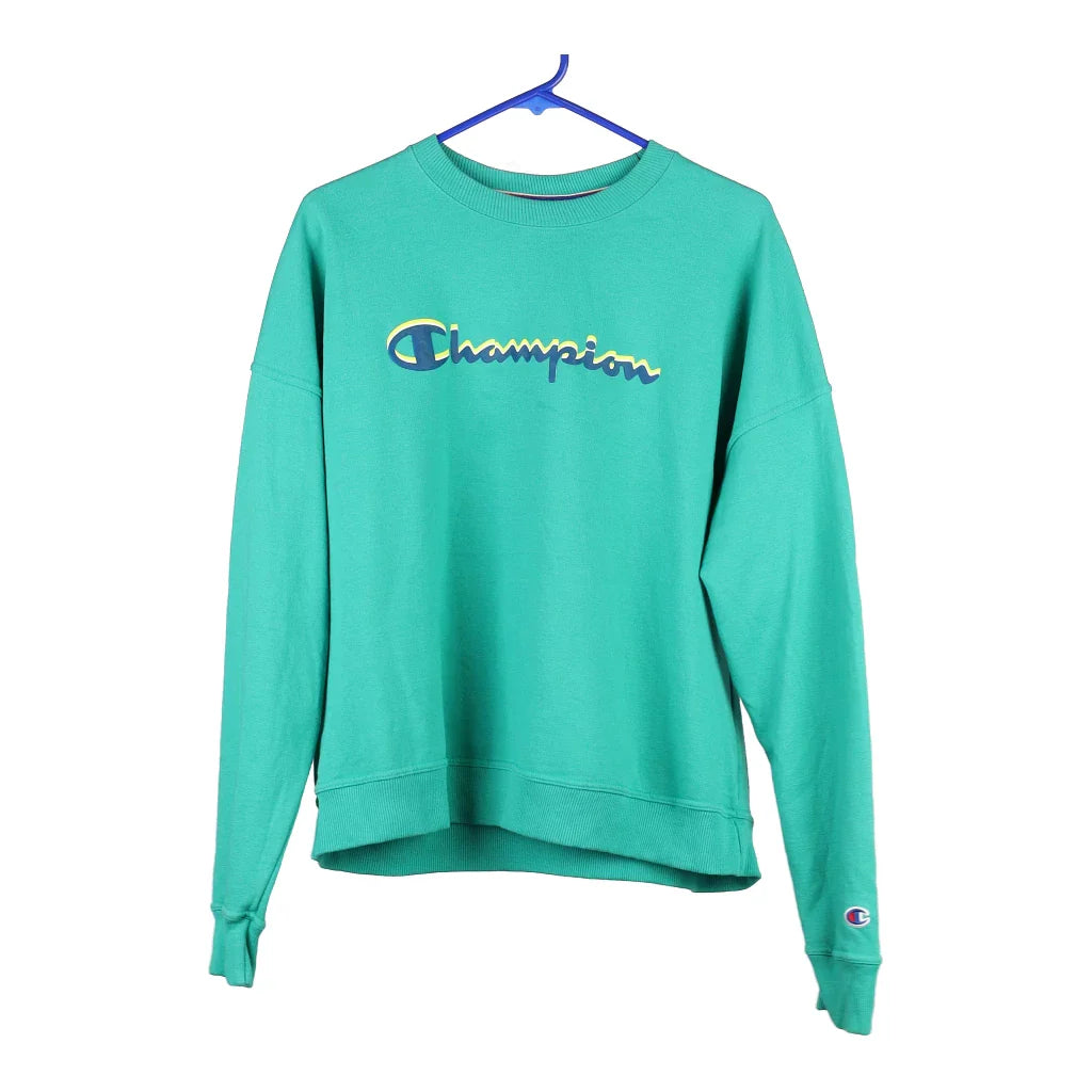 Champion Spellout Sweatshirt - Large Green Cotton Blend Hoodie with Monochrome Minimalist Simple