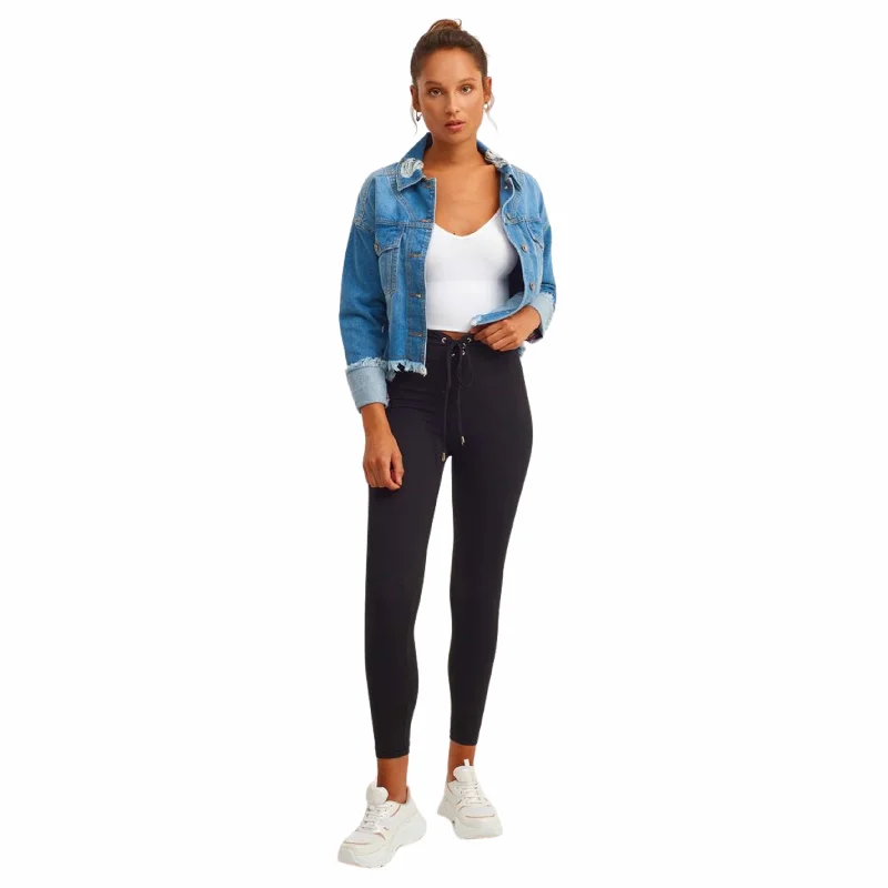 OXXO - Waist Detailed Cotton Leggings Trendy Black Mesh Leggings