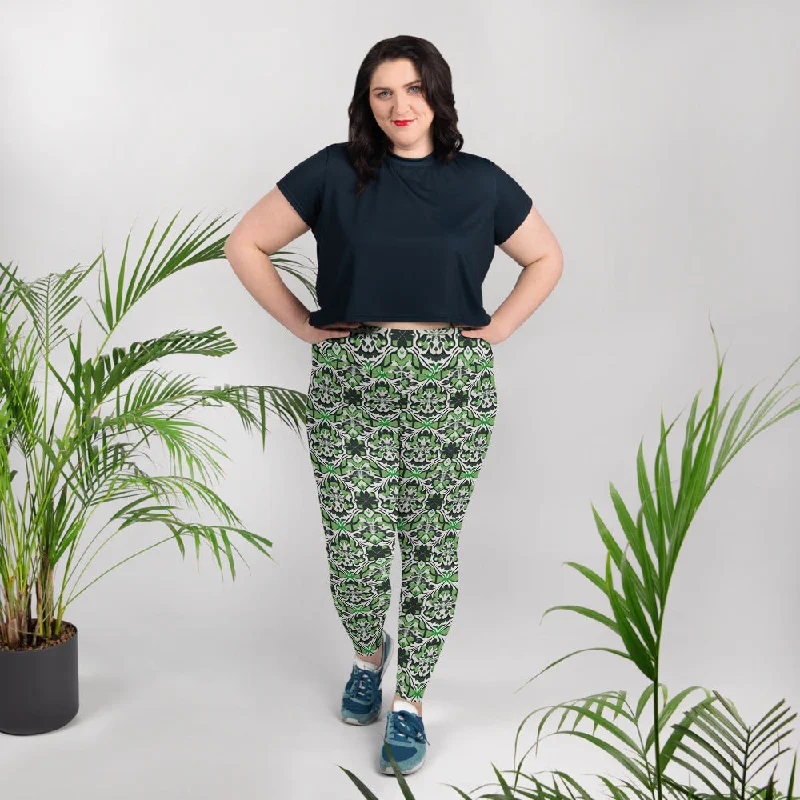 Legging Grande Taille "Motif vert et blanc" Trendy Leather-Look Workout Leggings