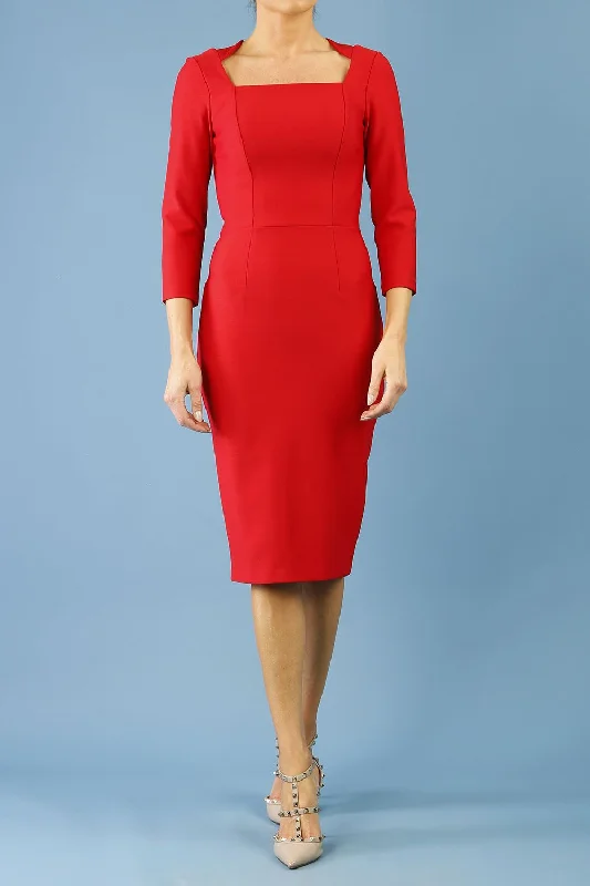 Seed Rowena Square Neckline Sleeved Pencil Dress Off-the-shoulder Chic Trendy