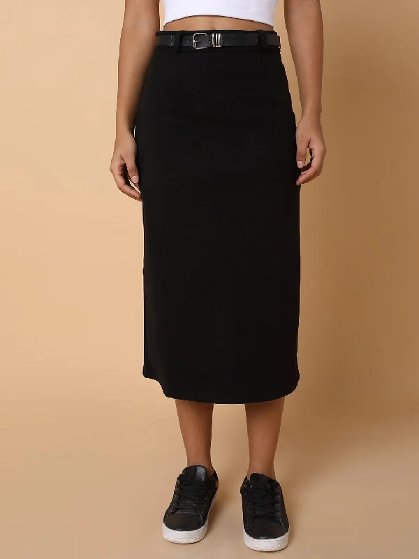 Women Solid Black Midi Skirt with Belt-2565-Black wool skirt warm