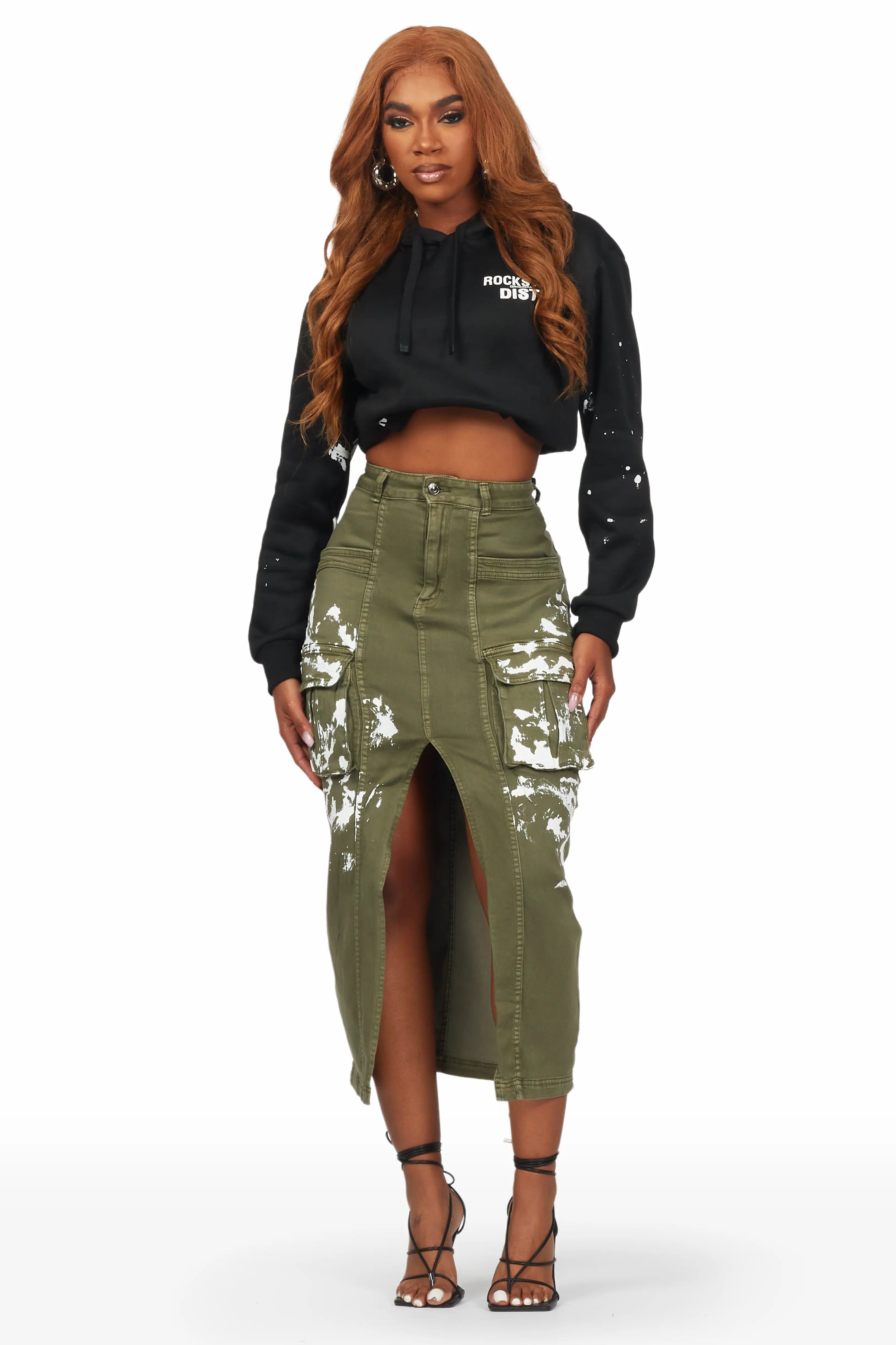 Ashlynn Green Cargo Midi Skirt cashmere skirt soft