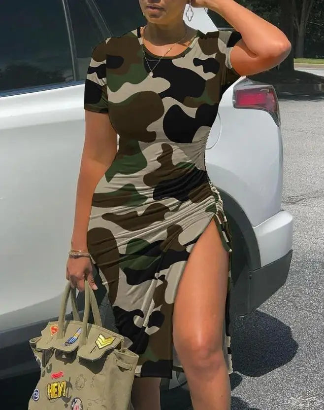 Women's Fashion Dress Camouflage Print Drawstring High Slit Dress Casual Round Neck Ruched Skinny Midi Skirt Tunics Sale discount Women's Fashion Dress Camouflage Print Drawstring High Slit Dress Casual Round Neck Ruched Skinny Midi Skirt Tunics Sale discount