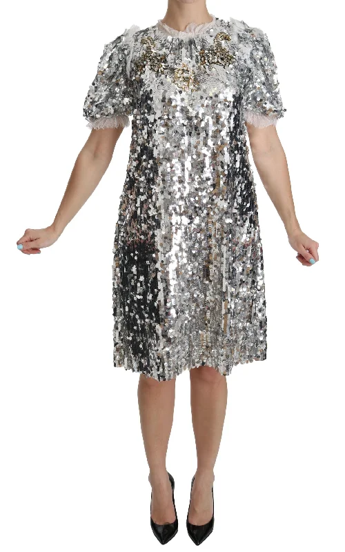 Dolce & Gabbana Elegant Silver A-Line Dress with Crystal Women's Accents Tunics Essential wardrobe Dolce & Gabbana Elegant Silver A-Line Dress with Crystal Women's Accents Tunics Essential wardrobe