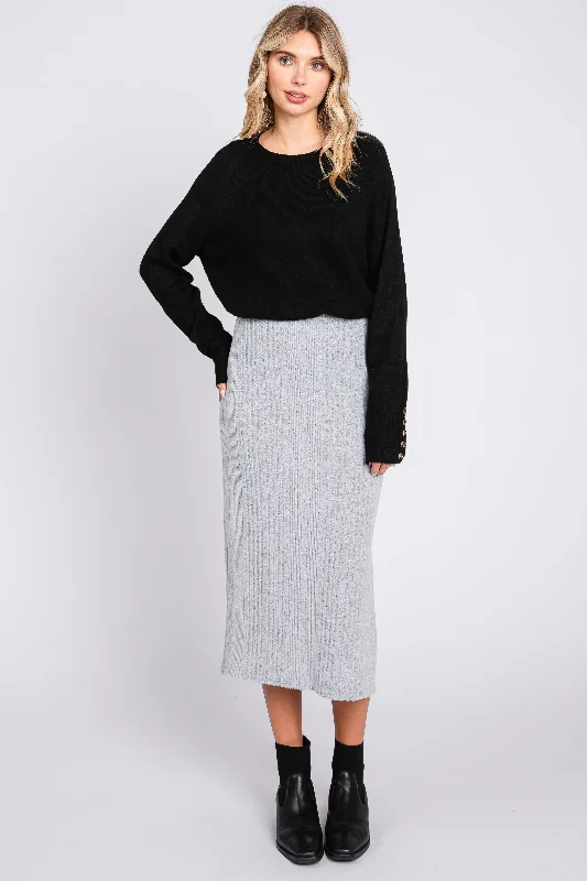 Heather Grey Soft Knit Ribbed Side Slit Midi Skirt relaxed fit skirt