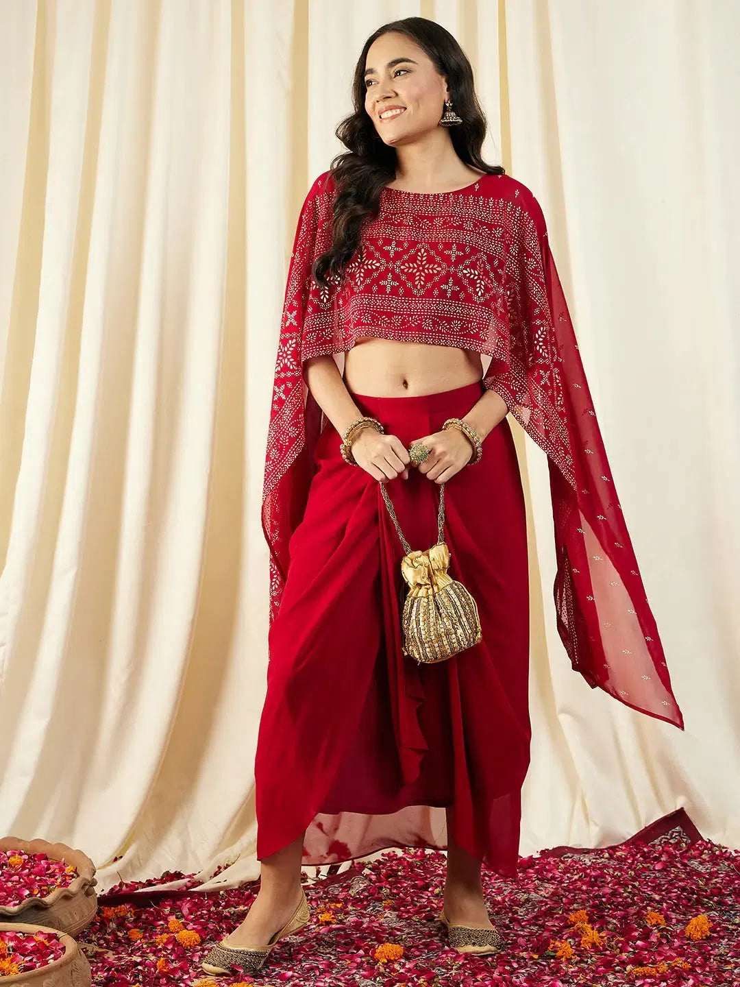 Cape Top with Draped Skirt in Maroon Color seamless skirt comfort
