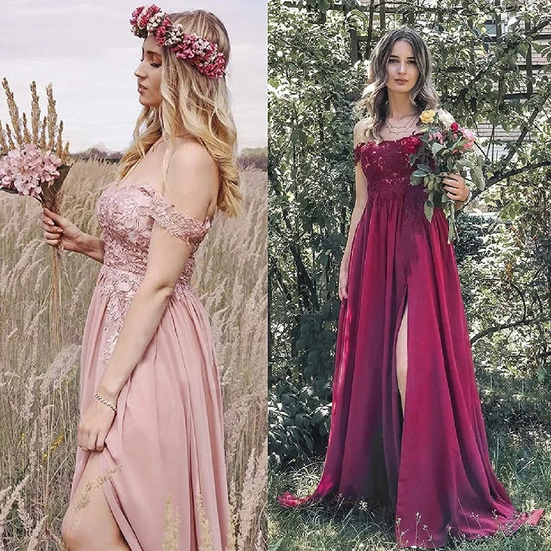 Vireous Off-Shoulder Long Prom-Style Slit Dress, Lace Bodice Tunics Leisure comfortable