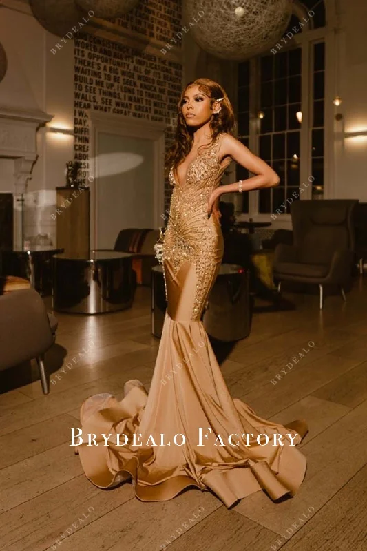 Gold Rhinestones Sleeveless Mermaid Senior Prom Dress Tunics Plaid country