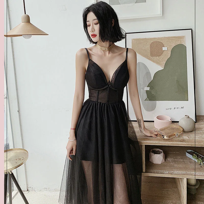 Black Sexy Suspenders V-Neck Women's Gauze Evening Dress Tunics Long Elegant