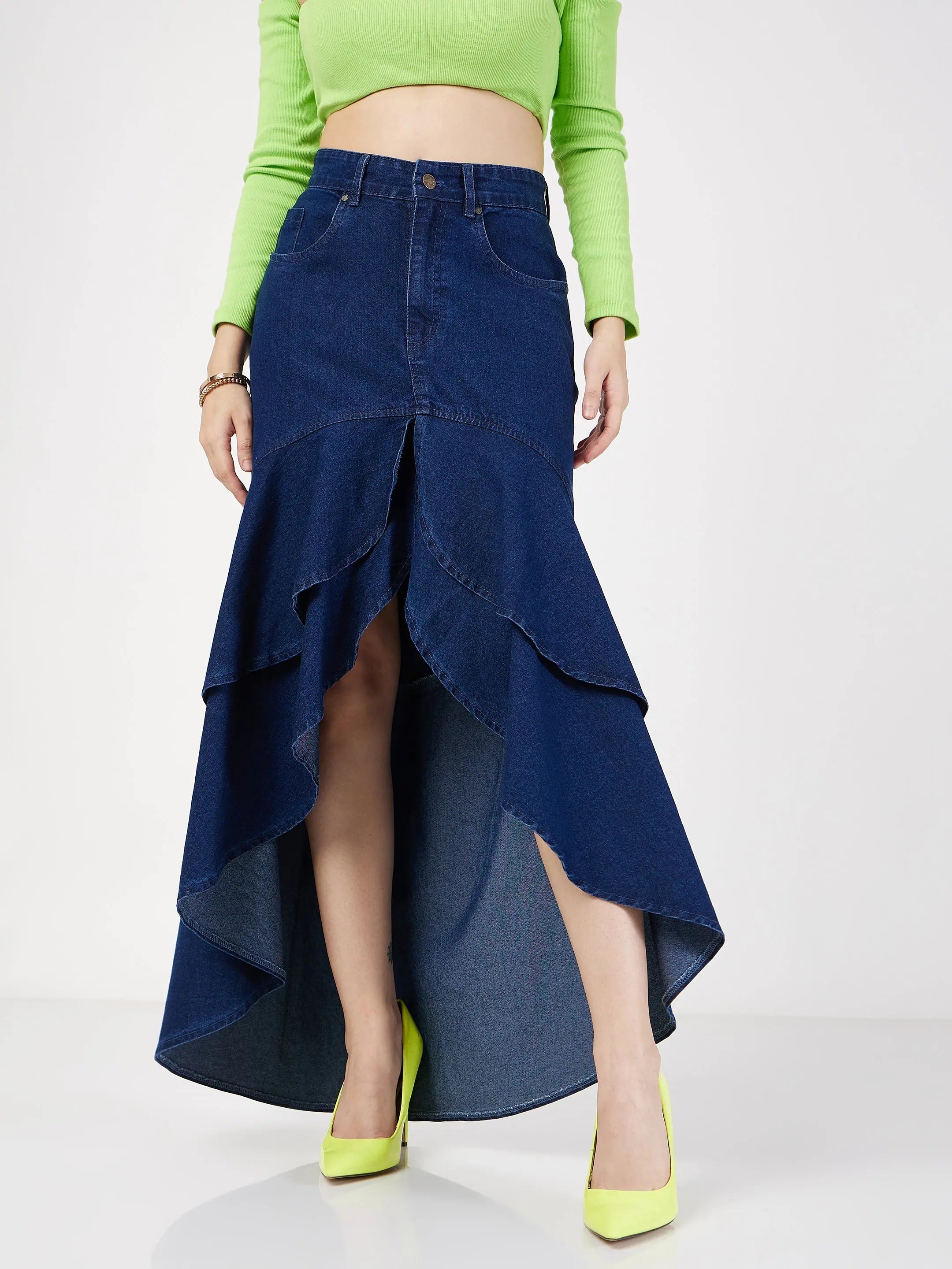 Women Navy Blue Denim Ruffle High Low Skirt modal blend skirt
