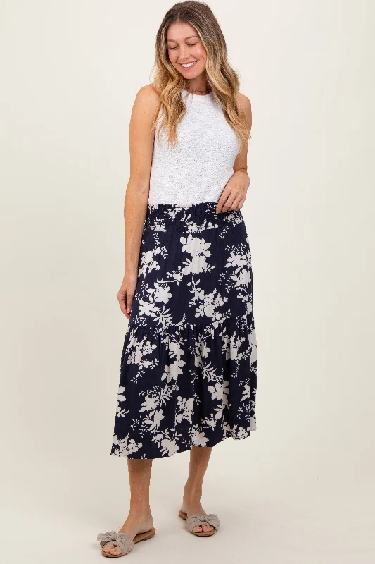 Navy Floral Smocked Waist Midi Skirt linen skirt light