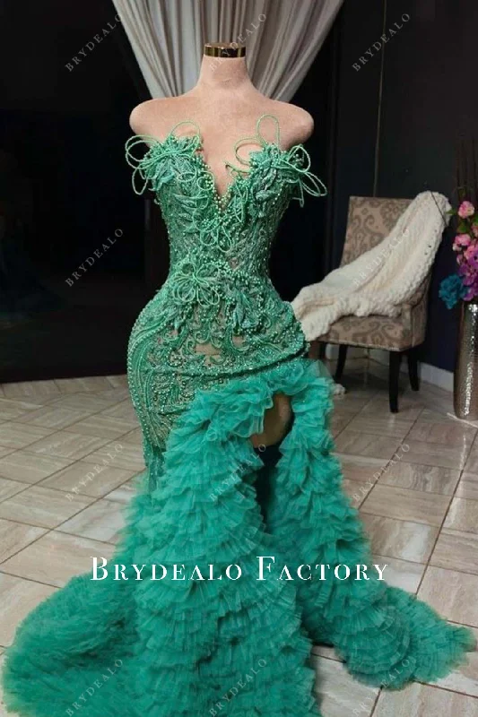 Green Pearls Strapless See-through Ruffled Tulle Trumpet Formal Dress Tunics Short Trendy Green Pearls Strapless See-through Ruffled Tulle Trumpet Formal Dress Tunics Short Trendy