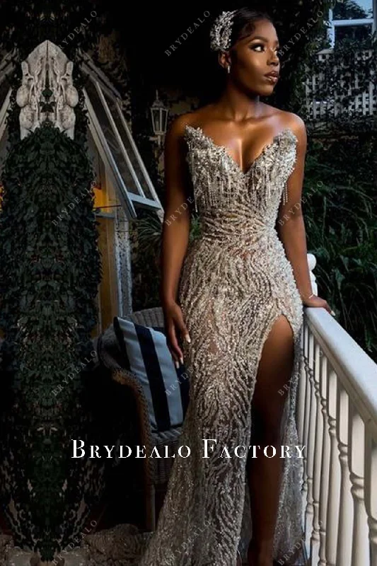 Strapless Fringe V-neck See-through Slit Long Dress Tunics Solid Classic