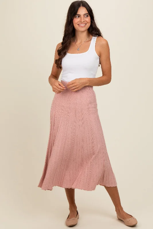 Mauve Ribbed Knit A-Line Midi Skirt linen skirt airy