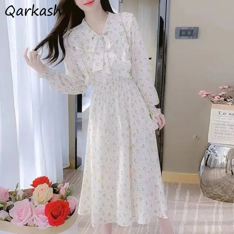 Qarkash Floral Dress Midi Bandage Design Off-the-shoulder Chic Trendy