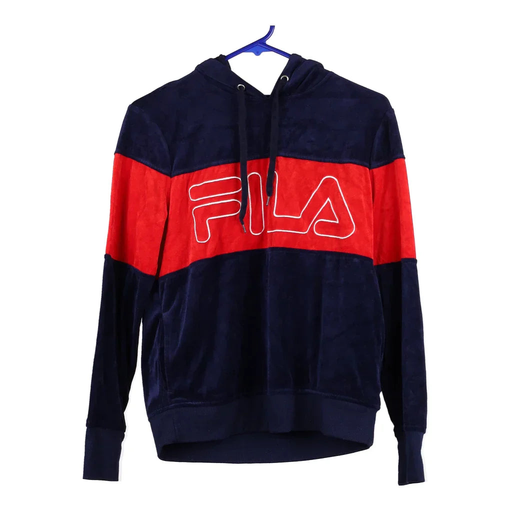 Fila Spellout Hoodie - Small Navy Cotton Blend Hoodie with Applique Textured Unique