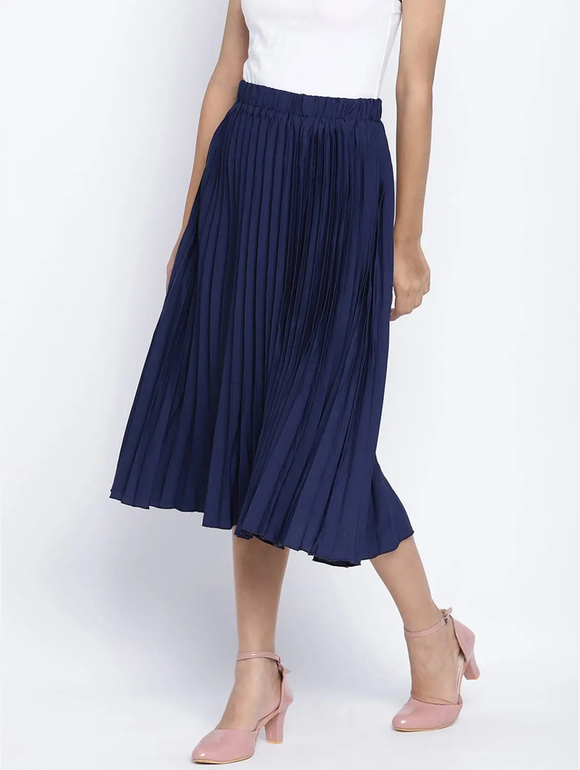 Zaffle Solid Blue Pleated Women Skirt silk skirt lustrous