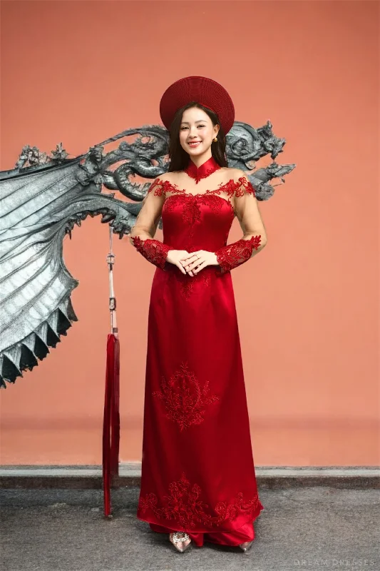 Red Bridal Ao Dai with Couture Lace | Vietnamese Bridal Dress (#AMINA) Tunics Timeless classic Red Bridal Ao Dai with Couture Lace | Vietnamese Bridal Dress (#AMINA) Tunics Timeless classic