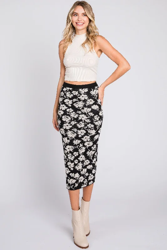 Black Floral Knit Midi Skirt athletic skirt fit