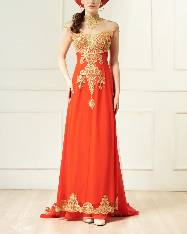 Red Bridal Ao Dai with Gold Lace | Vietnamese Bridal Dress (#KAROLIA) Crew Neckline Sporty