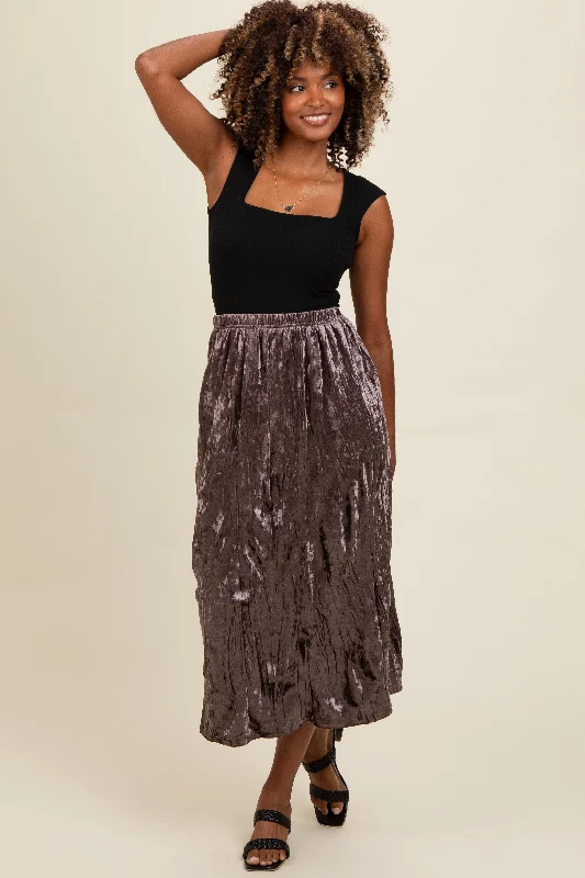 Brown Velvet Crinkled Midi Skirt corduroy skirt textured