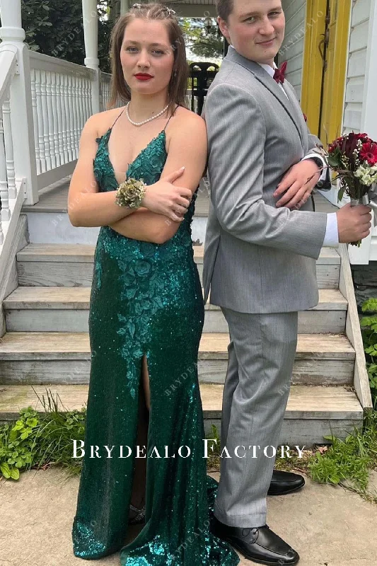 Homecoming Dress | Green Sequined 3D Floral Thin Straps Formal Gown Tunics Trendy modern