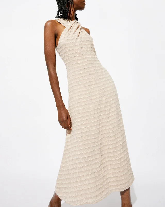 RUDI Sleeveless Midi Halter Dress in Striped Cotton Cowl Neckline Elegant