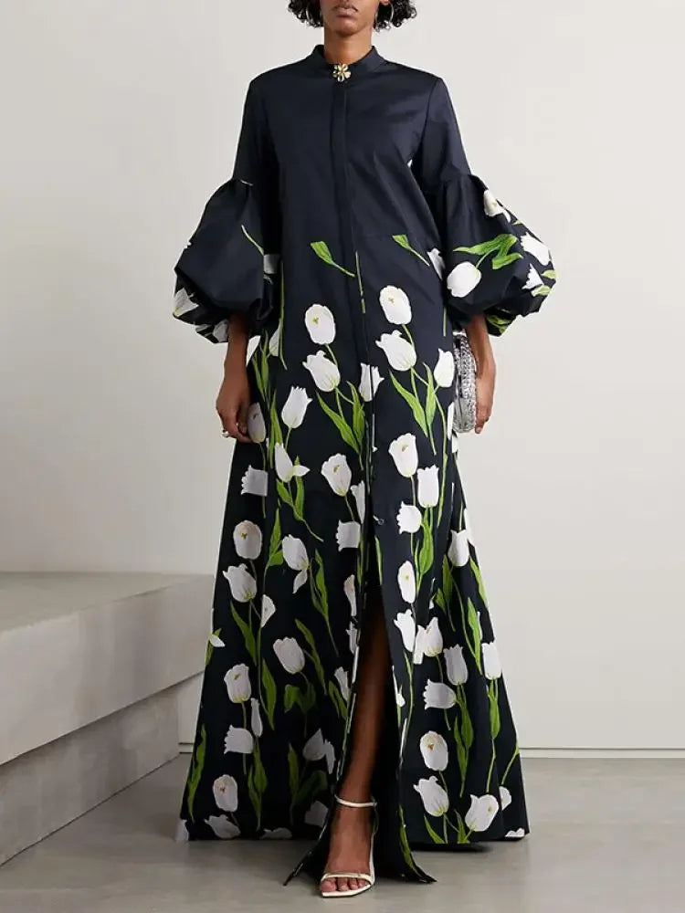 Uoozee Floral Printed Floor-Length Dress, Puff Sleeves Tunics Lace romantic