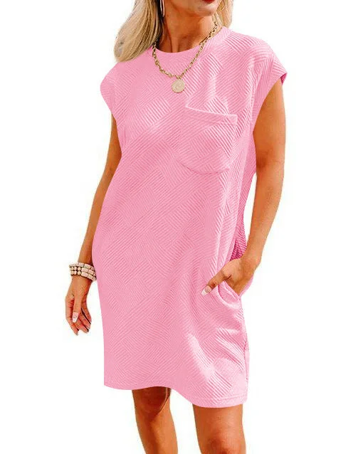 Vireous Round-Neck Short-Sleeve Dress with Pockets, Multi Colours Tunics Winter warm Vireous Round-Neck Short-Sleeve Dress with Pockets, Multi Colours Tunics Winter warm