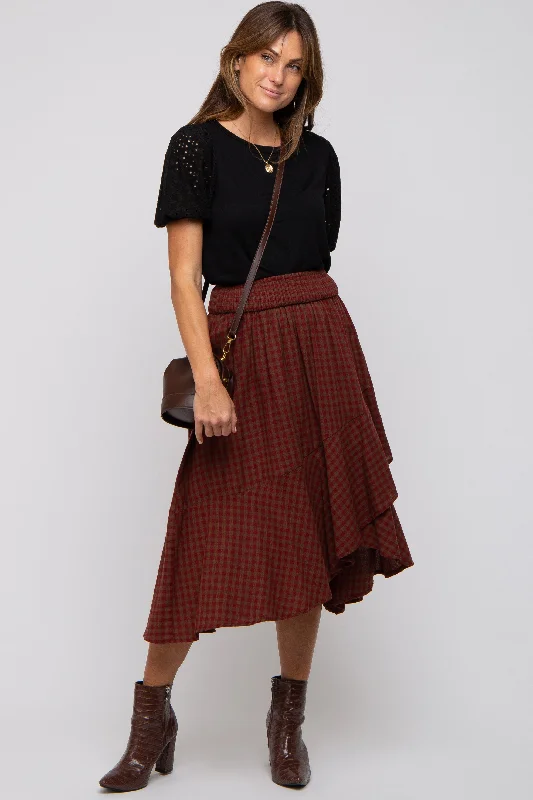 Burgundy Plaid Ruffle Midi Skirt slim fit skirt