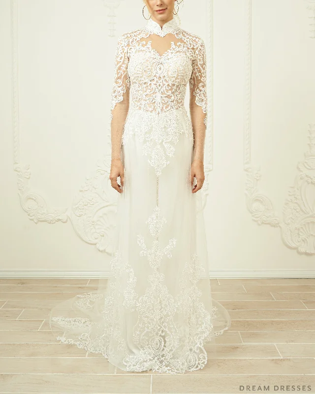 White Bridal Ao Dai | Modern Vietnamese Lace Bridal Dress (#FREYA) Boat Neckline Classic White Bridal Ao Dai | Modern Vietnamese Lace Bridal Dress (#FREYA) Boat Neckline Classic