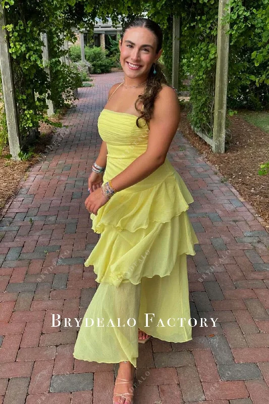 Yellow Thin Straps Layered Ankle Length Prom Dress Maxi Flowy Bohemian