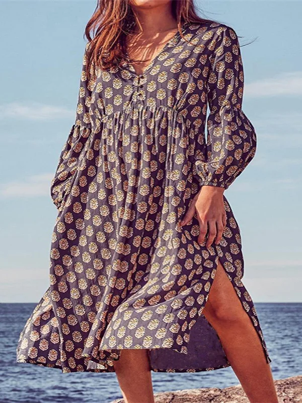 Bohemian Long Sleeve V-neck Printed Holiday Casual Dress Tunics Lace romantic