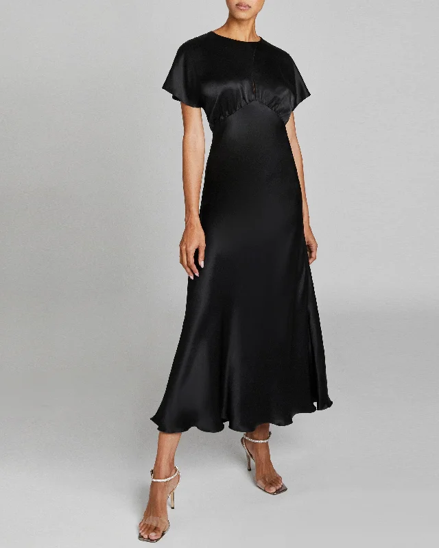 TERRY Cap-Sleeve Midi Fit and Flare Dress in Black Silk Tunics Stylish modern