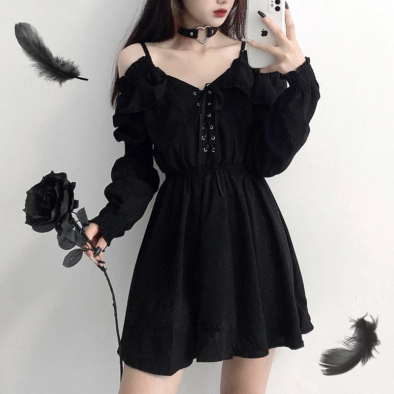 Women Dress Lace Up High Waist Femme Dresses Off Shoulder Long Sleeve Gothic Clothes Tunics New arrival Women Dress Lace Up High Waist Femme Dresses Off Shoulder Long Sleeve Gothic Clothes Tunics New arrival