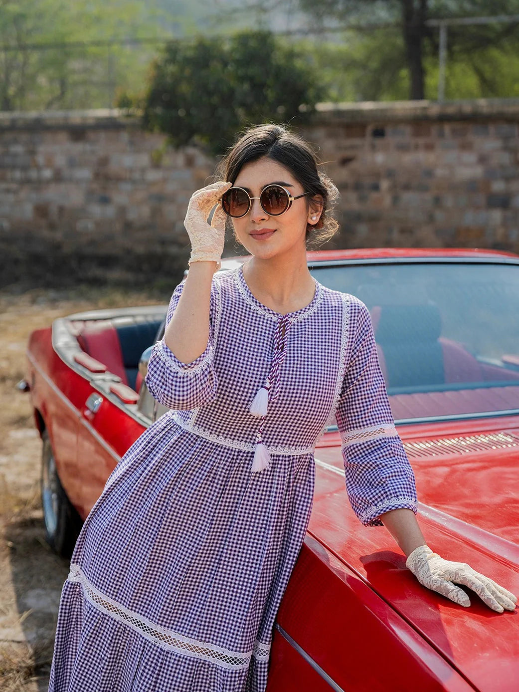 Yufta Purple Cotton Check Tiered Dress Tunics Travel practical