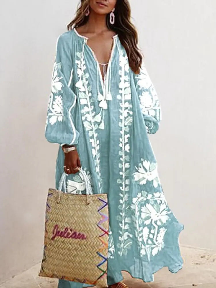 Vireous Floral Print A-Line Loose Dress, Spring and Autumn  Collection Tunic Top Casual